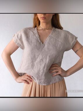 Len OK Linen 100% V Neck Top Gray Lagenlook Prairie Cottagecore, M